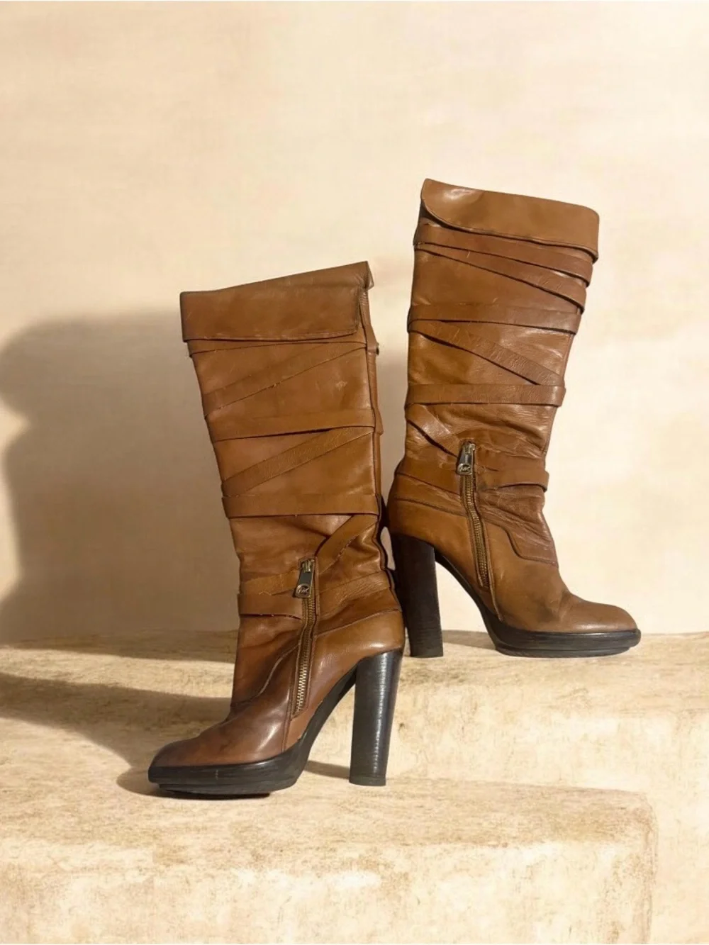 Michael Kors Cognac Wrap-Strap High Heel Boots